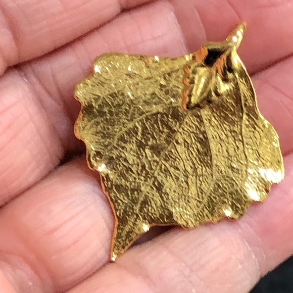 Vintage 1980s Gold Dipped Real Leaf Pendant Classy In Blue Felt Envelope - Picture 1 of 7